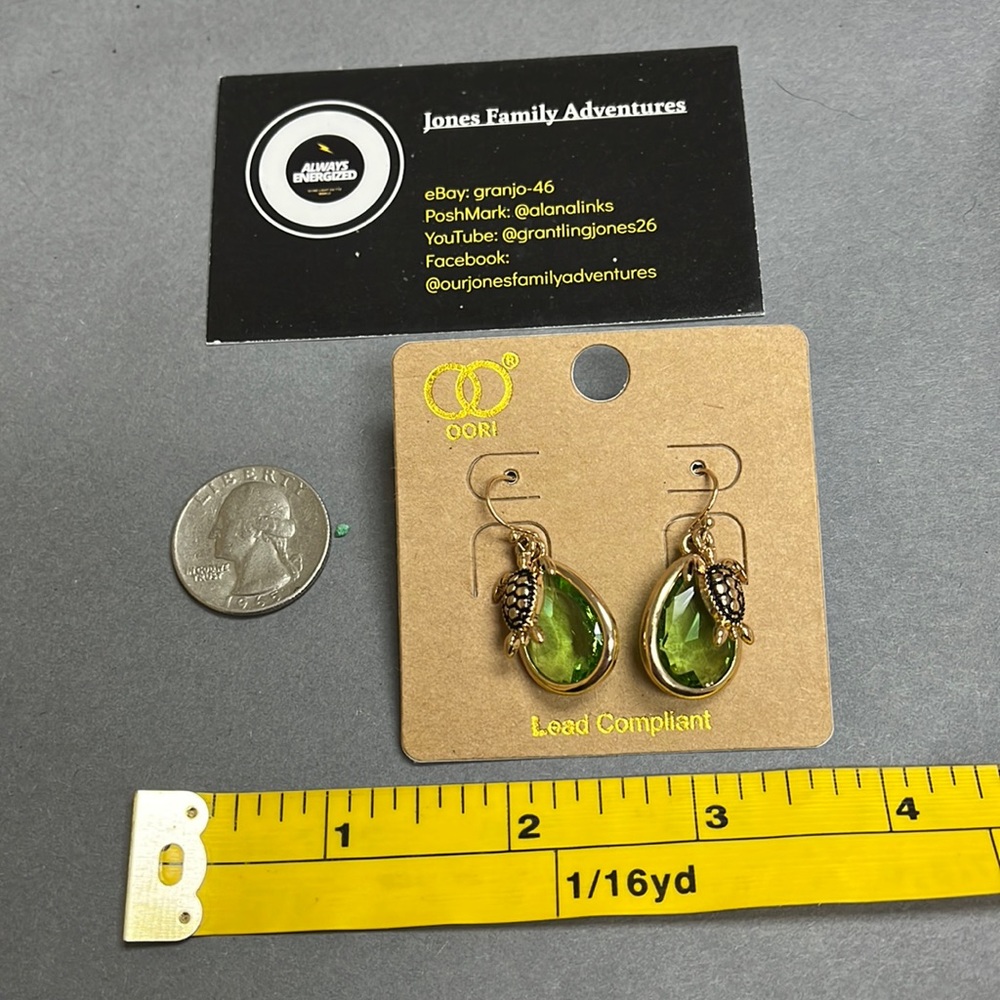 NWT OORI rose gold colored sea turtle and light green colored gem earrings